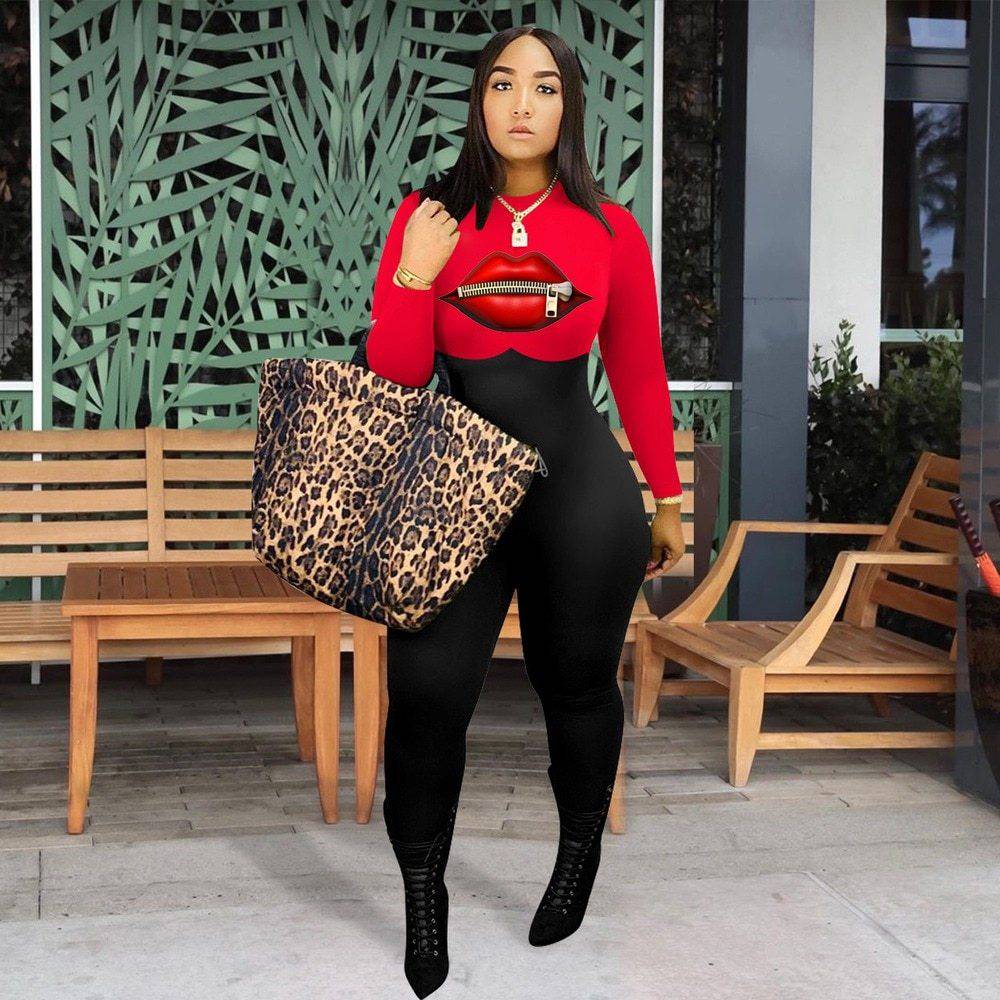 Women's Lip Print Casual Fitted Mid Waist Jumpsuit - Clothing Personality