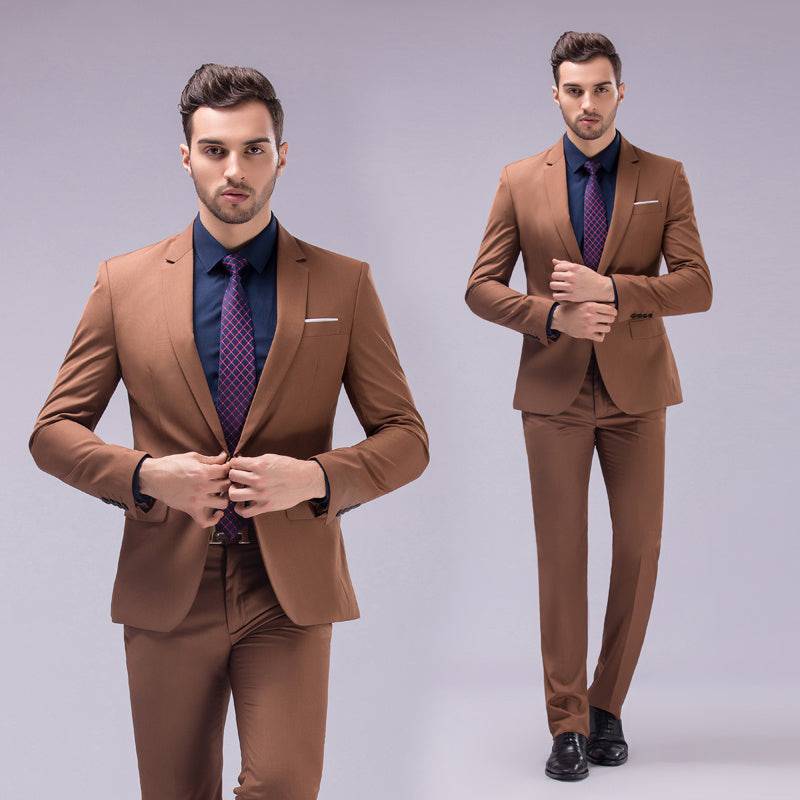 Men's Slim Fit Solid Color Minimalist Blazer Pants Business Suit Brown