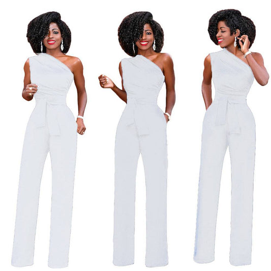 Women's Cute One-Shoulder solid color Slant Collar Button Up All White Jumpsuit Clothing Personality