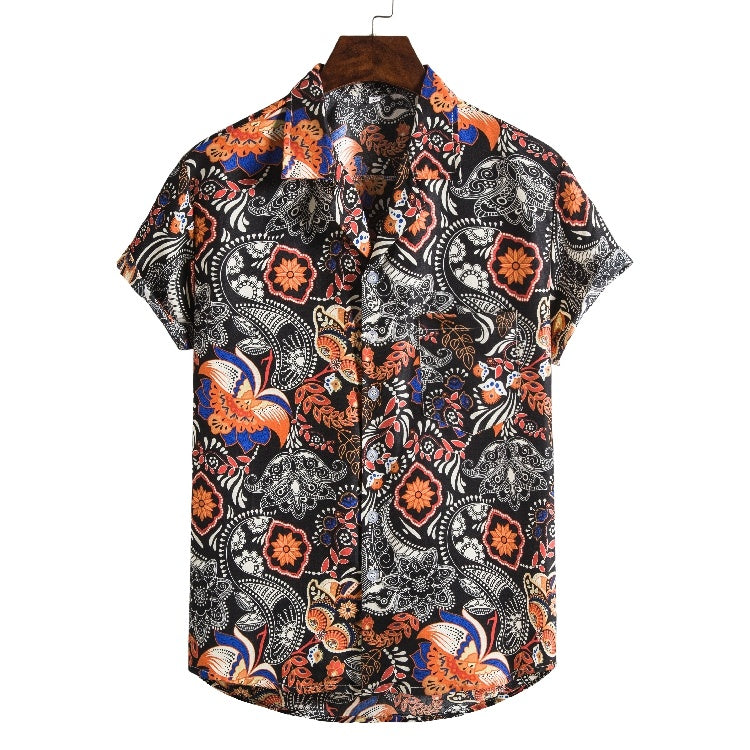 Men Short Sleeved Beach Hawaii Shirts Floral Print New Printed Shirt - Clothing Personality
