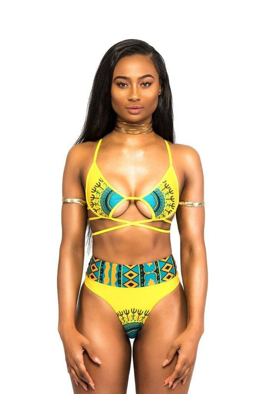 African Print Two-Pieces Bathing Suits Bikini Set Sexy Geometric Swimwear Swimsuit Golden High Waist Swimming Suit - Clothing Personality