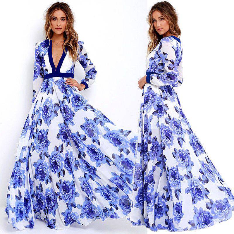 Women's Long Sleeve Maxi A-line Flower Dress - Clothing Personality