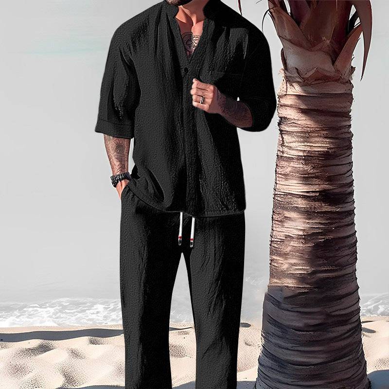 Men's Black Cotton And Linen Matching Pants Set Outfit Set Short Sleeve Half Sleeve V-Neck Pants Suit Men for Spring Summer Clothing Personality