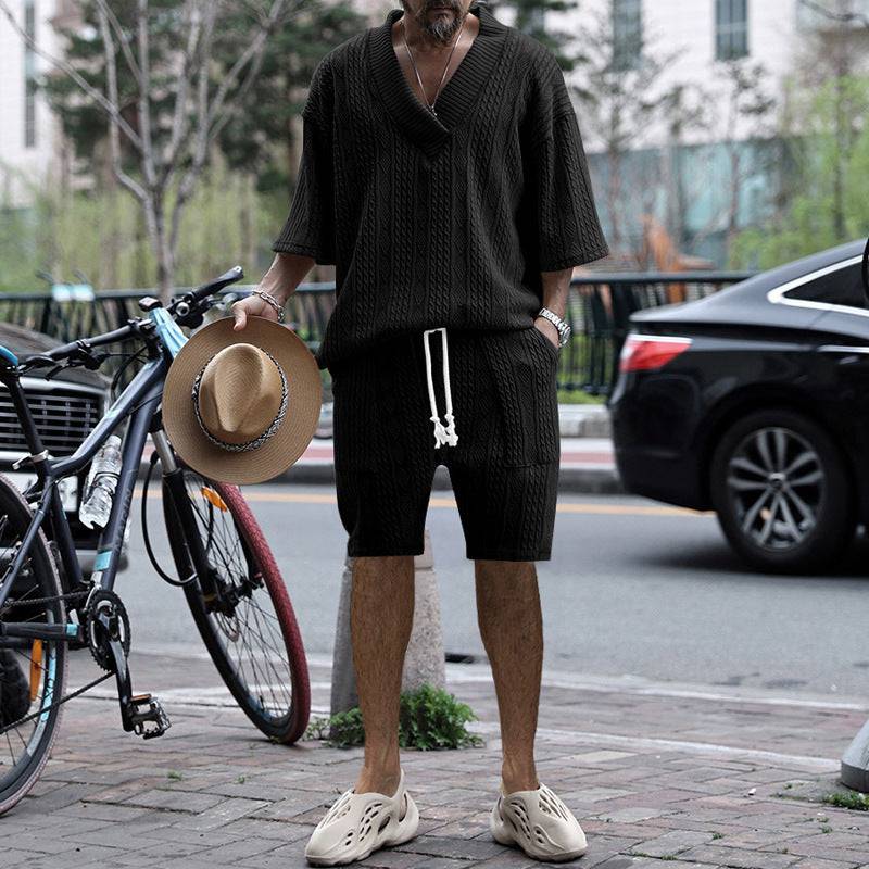 Casual Jacquard Suits Summer V-neck Short-sleeved T-shirt And Drawstring Pocket Shorts Fashion 2pcs Set Mens Clothing - Clothing Personality