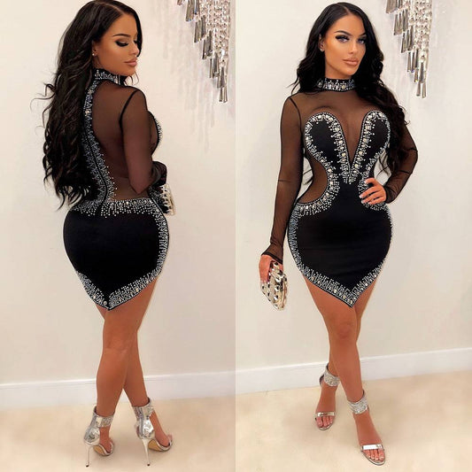 Women's Sheer Sweetheat Neckline Fitted Bodycon Mini Long Sleeve Asymmetric Dress - Clothing Personality