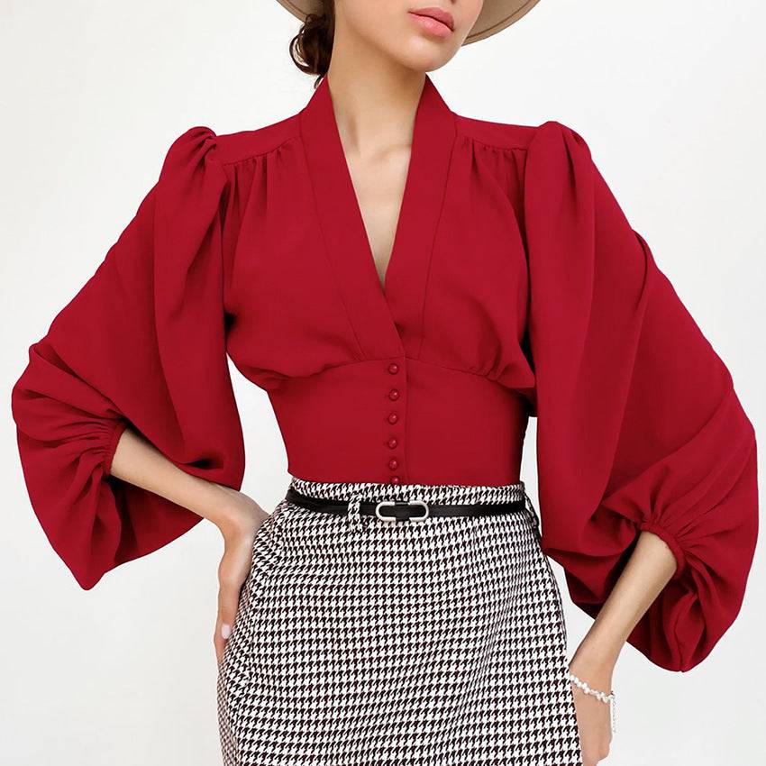 OOTN Elegant White Blouse Women Shirt Top Female Tunic V Neck Button Down Chic Casual Wine Red Blouse Lantern Sleeve Ladies - Clothing Personality