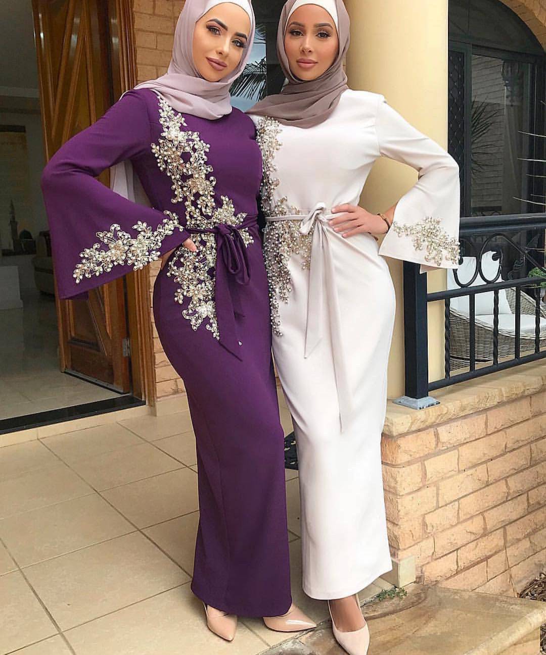 Women's Beautiful Floral Embroidered Long Sleeve Dress Muslim Embroidered Dress Purple and White