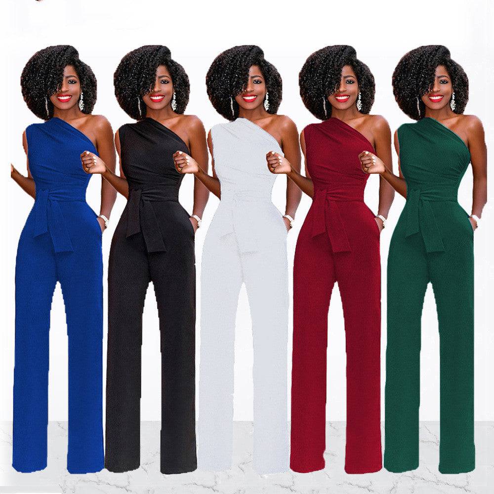 Women's Cute One-Shoulder solid color Slant Collar Button Up Jumpsuit All Colors Clothing Personality