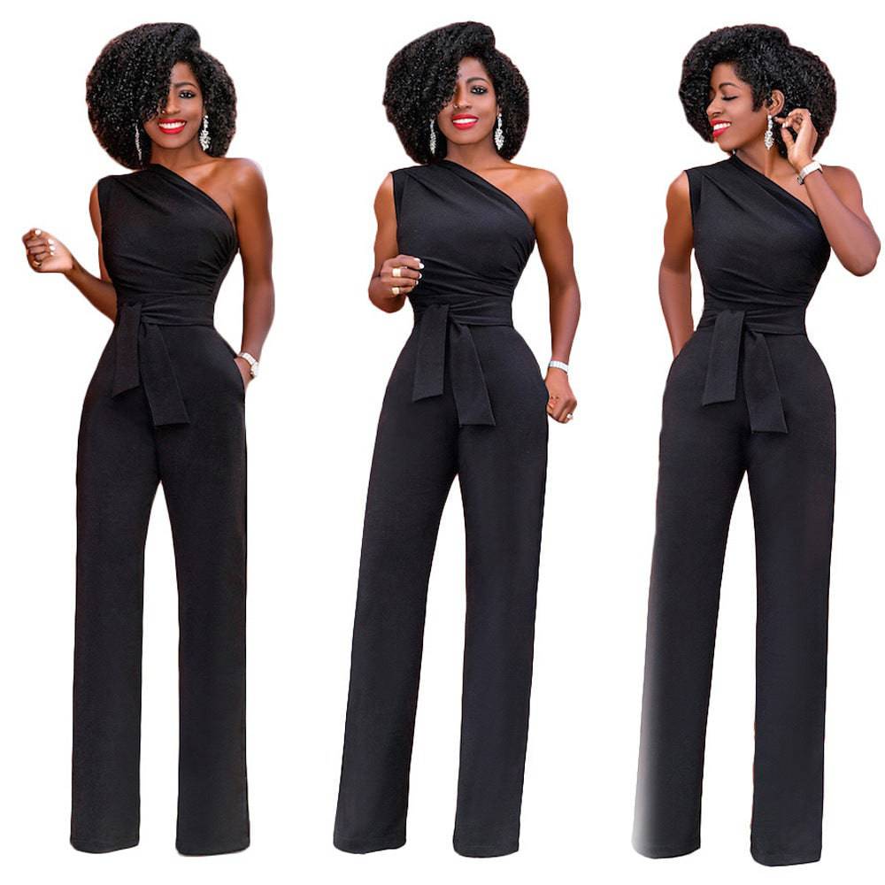uitWomen's Cute One-Shoulder Solid Color Slant Collar Button Up Jumpsuit Black Clothing Personality