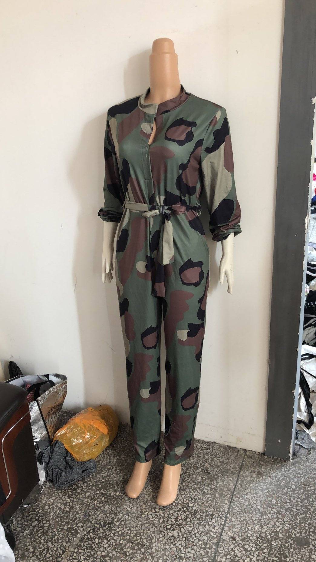 Women's Geometric Camo Print Wide Leg Pants Jumpsuit Camouflage Jumpsuit Romper - Clothing Personality