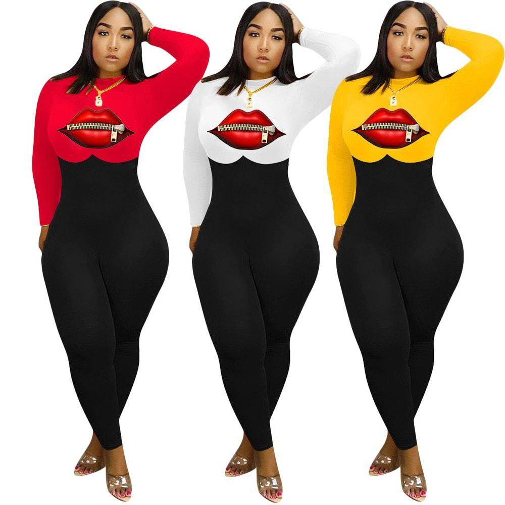 Women's Lip Print Casual Fitted Mid Waist Jumpsuit - Clothing Personality