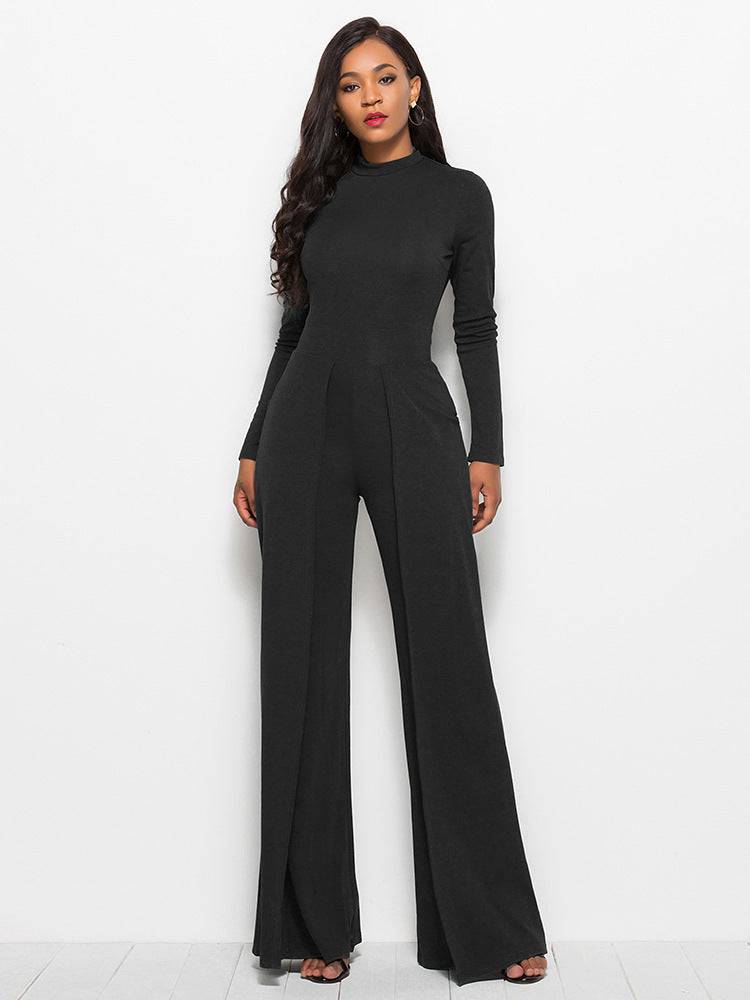 Fashion Round Neck Long Sleeve Wide Leg Jumpsuit - Clothing Personality