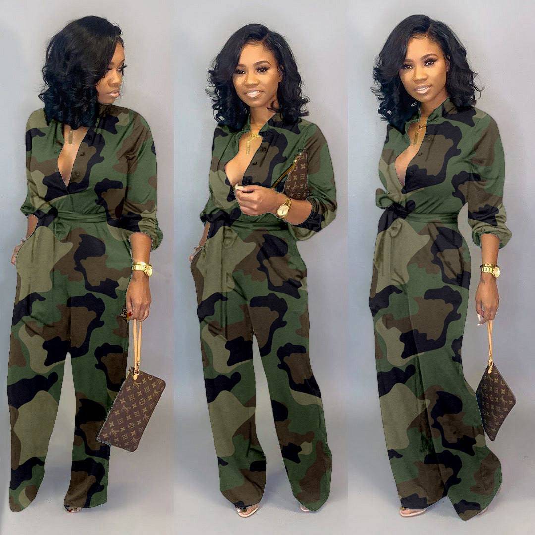 Women's Geometric Camo Print Wide Leg Pants Jumpsuit Camouflage Jumpsuit Romper - Clothing Personality