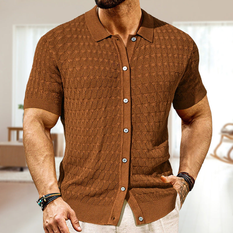 Men's Fashion Pointelle Design Spring And Summer Knitwear Short Sleeve Cardigan - Updated
