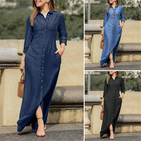 Women's Collar Solid Blue Button Maxi Dress - Clothing Personality