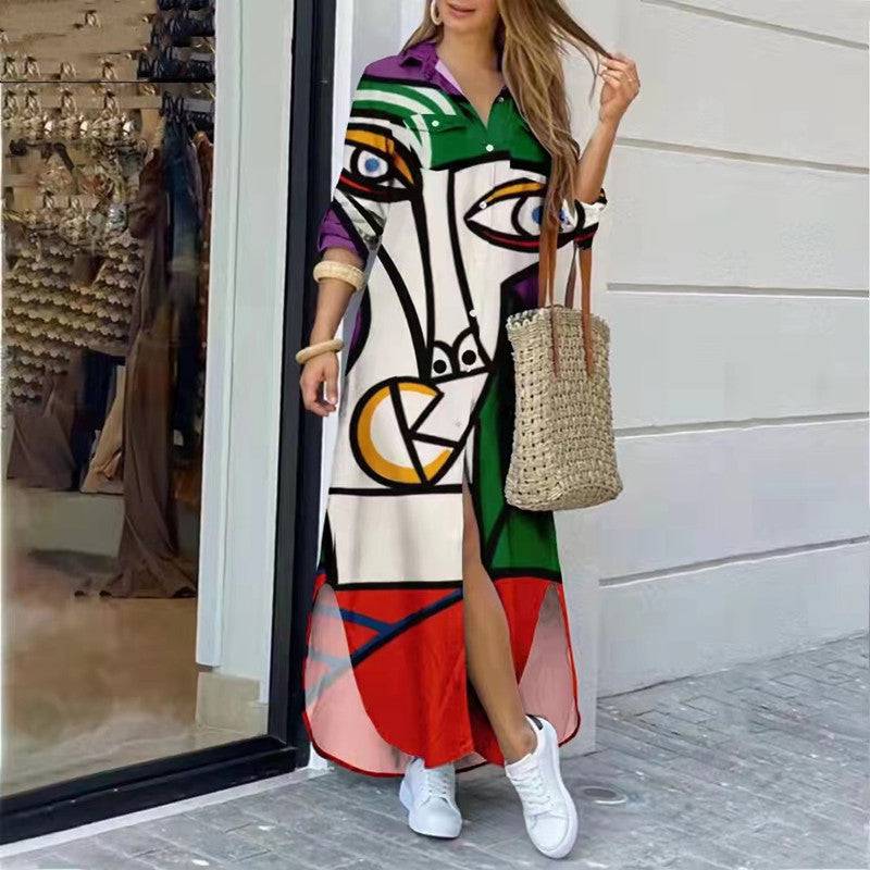 Womens Fashion Long Sleeve Printed Long Dress - Clothing Personality