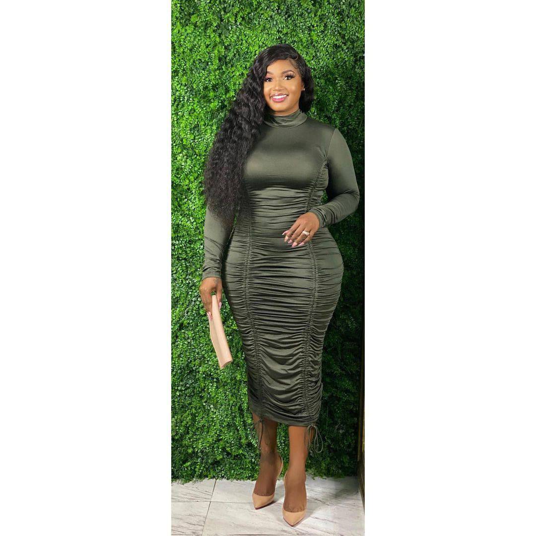 Plus Size Women's Drawstring High Neck Long Sleeve Dress - Clothing Personality