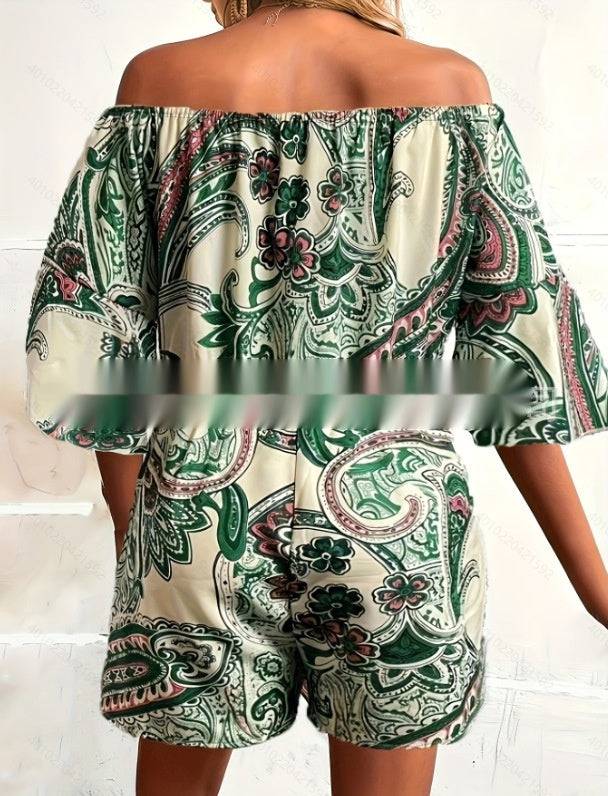Women's Ethnic Off-Shoulder One-piece Paisley Print Shorts - Clothing Personality