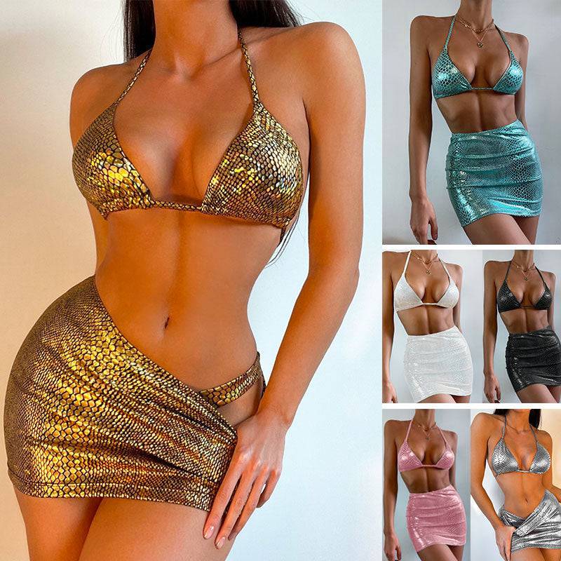 Women's 3 Piece Bathing Suit Halter Snake Pattern Bikini Set With Cover Up Skirt Summer Swimsuit - Clothing Personality
