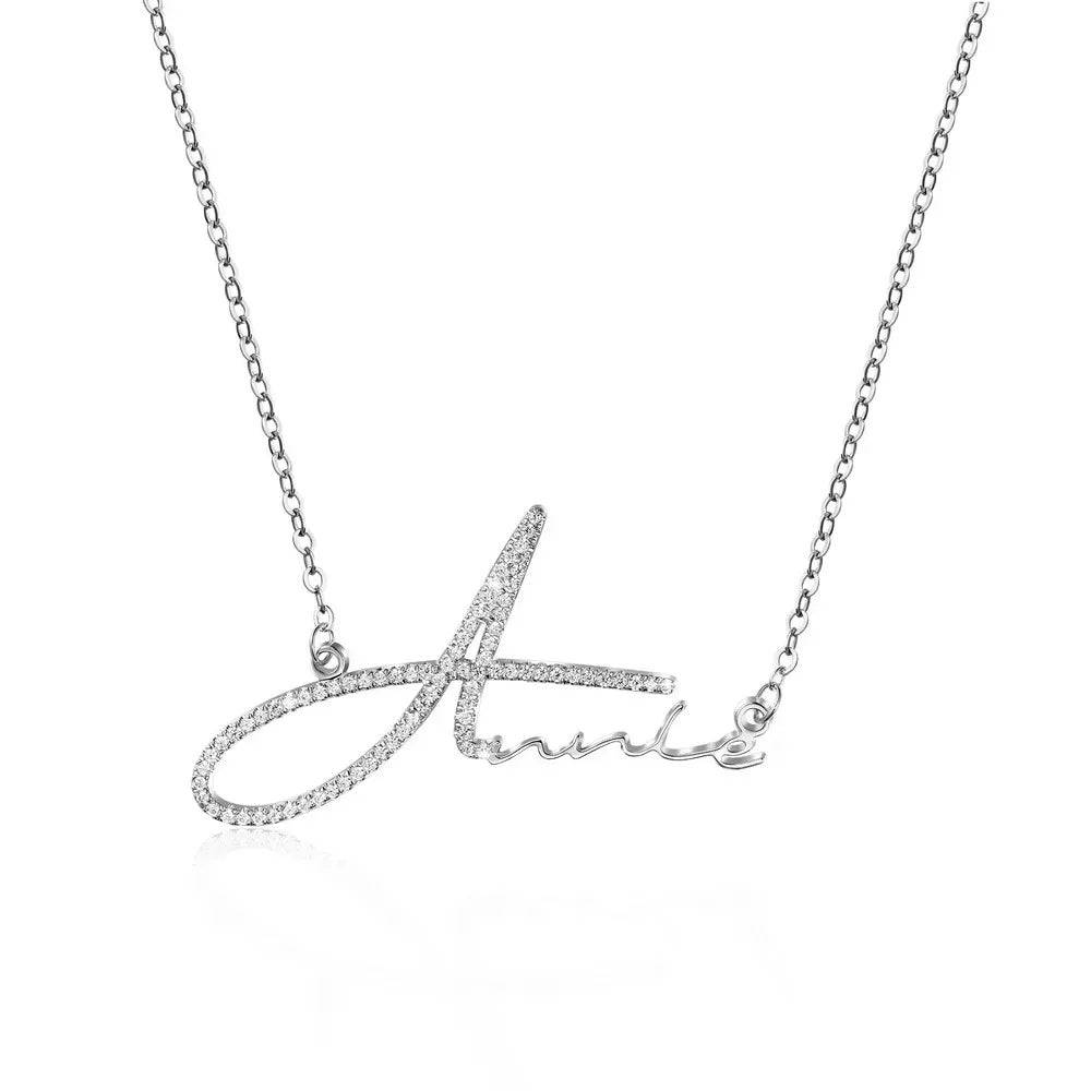 Personalized Bling Nameplate Necklace With Handwritten Signature Of Crystal Alphabet - Clothing Personality