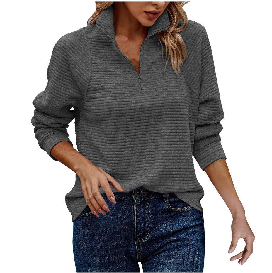 Zipper Stand Collar Pullover Sweatshirt Fashion Solid Striped Long Sleeve Top Spring And Autumn Women's Clothing - Clothing Personality