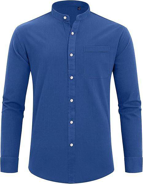 Men's Stand Collar Long Sleeve Solid Color Cotton Shirt - Clothing Personality