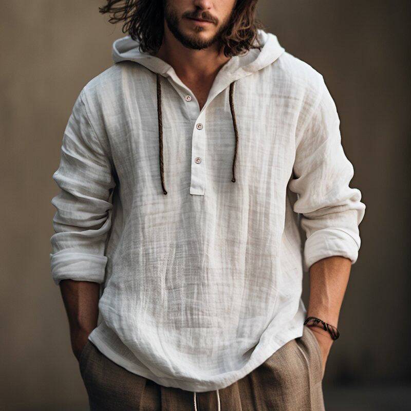 Men's New Wish Cotton Linen Shirt Hooded Top Sweater Long Sleeve Hooded Casual Daily Clothing - Clothing Personality