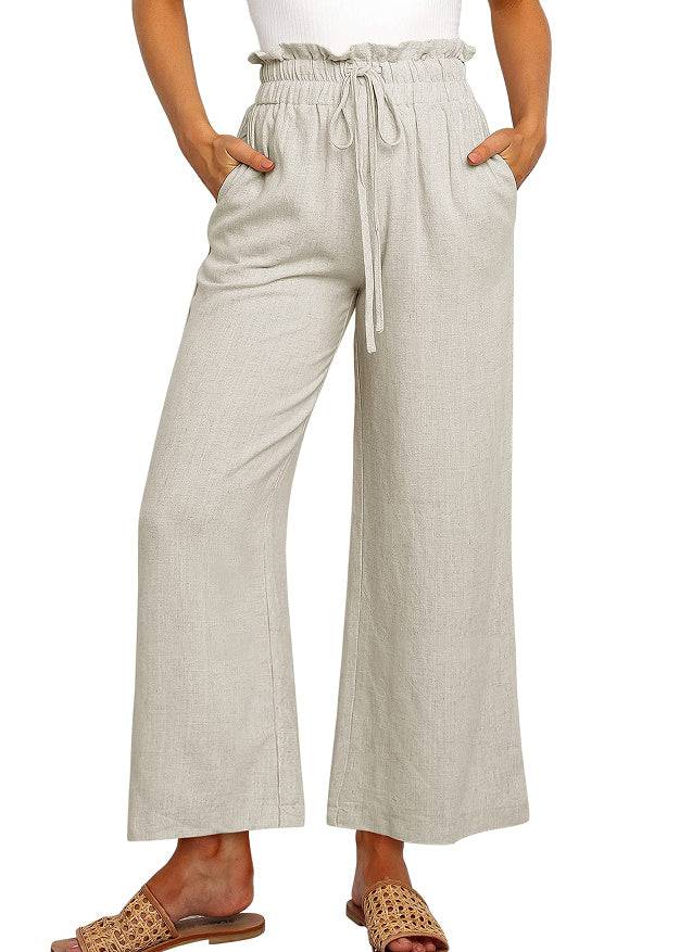 Elastic Waistband Lace-up Wide Leg Pants Solid Color Cropped Pants - Clothing Personality