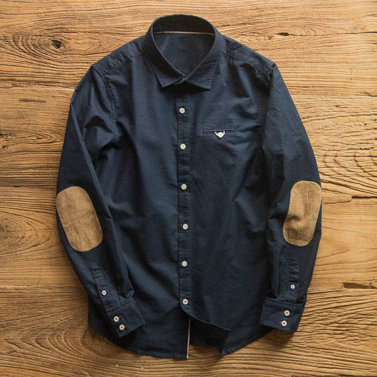 Men's Oxford Collar Button Up Long Sleeve Shirt Color Block Shirt Elbow Patch Business Casual Shirt Men's Retro in Navy Blue