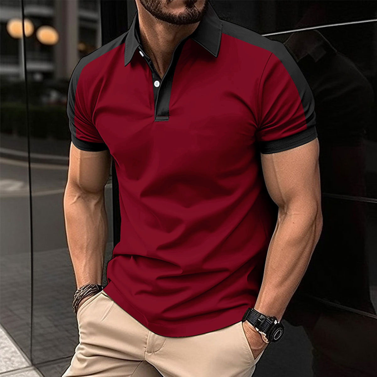 Men's Short Sleeve Business Shirt Summer Casual Polo Shirts Red