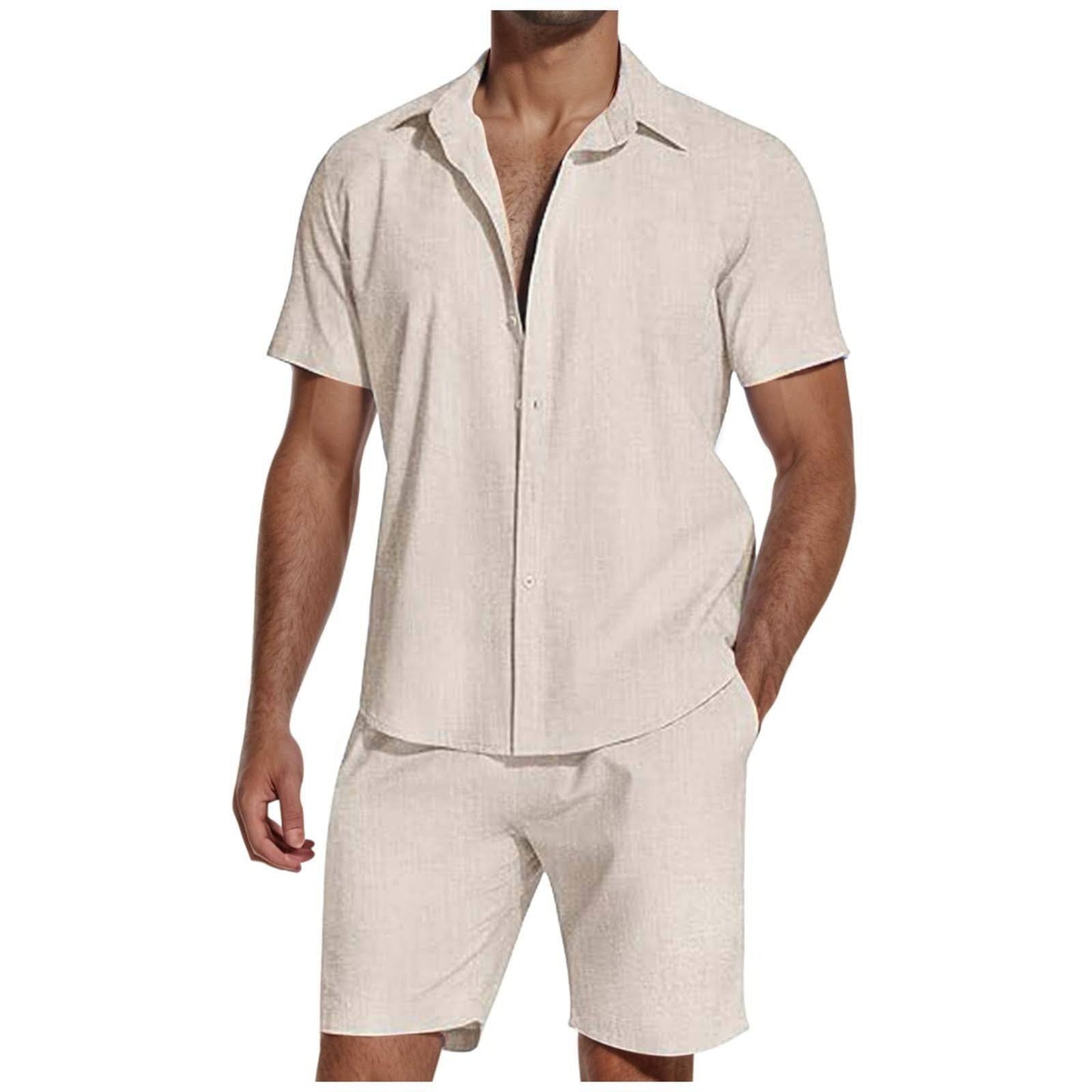 Short Sleeve Lapel Linen Shirt and Shorts Set Men - Clothing Personality