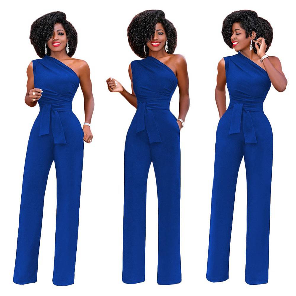 Women's Cute One-Shoulder solid color Slant Collar Button Up Jumpsuit Blue Color Clothing Personality