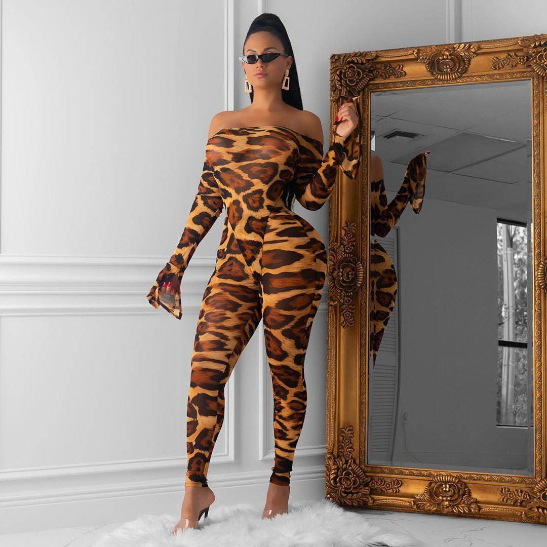 Stretch Leopard Print Jumpsuit Two Piece Pants - Clothing Personality