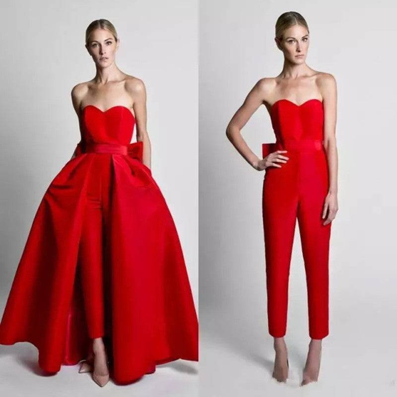 Women's Off-Shoulder Formal Red Jumpsuit Evening Pant Dress Cape - Clothing Personality