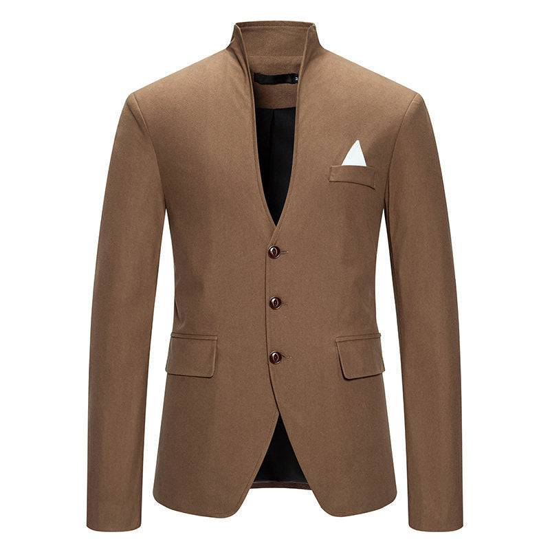 Men's Blazer Solid Color Stitching Stand-Collar Casual Slim Fit Brown Suit Jacket