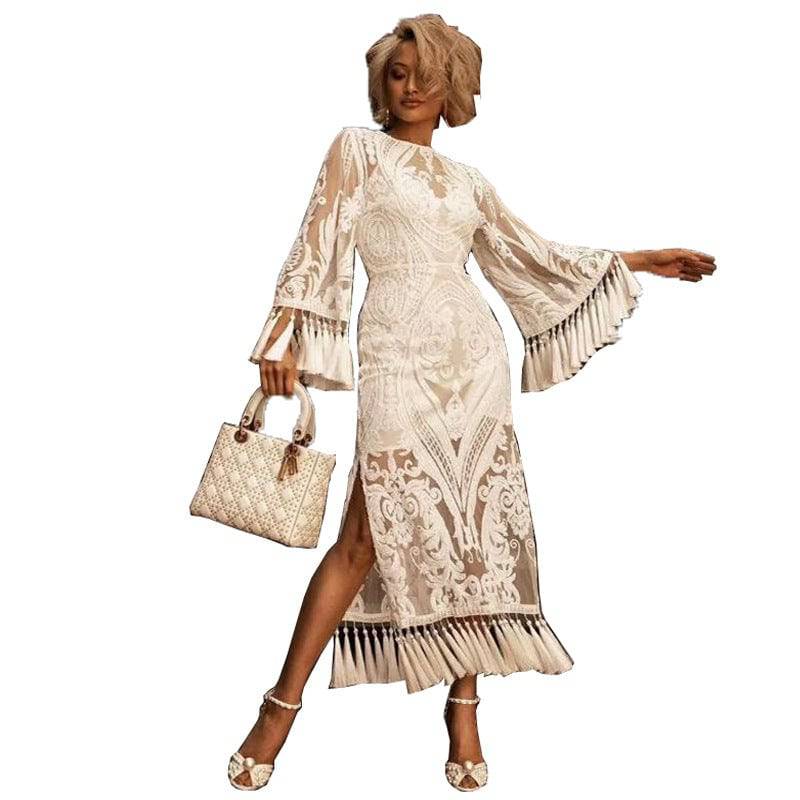 Women's Lace Embroidered Tassel Maxi Dress - Clothing Personality