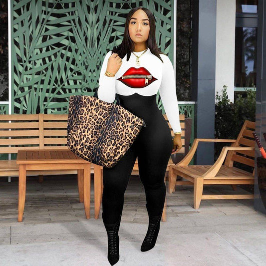 Women's Lip Print Casual Fitted Mid Waist Jumpsuit - Clothing Personality