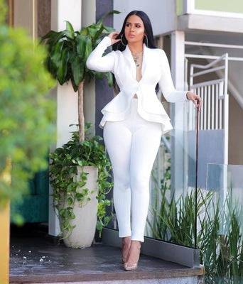 Women's Ruffled Blazer Modern Slim Fit Pants Suit Business Suit Pants Set with Blazer - Clothing Personality