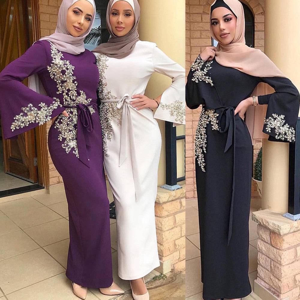 Women's Beautiful Floral Embroidered Long Sleeve Dress Muslim Embroidered dress - Clothing Personality