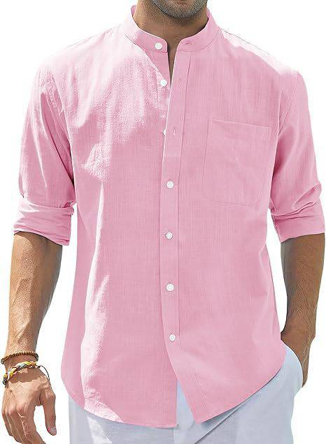 Men's Stand Collar Long Sleeve Solid Color Cotton Shirt - Clothing Personality