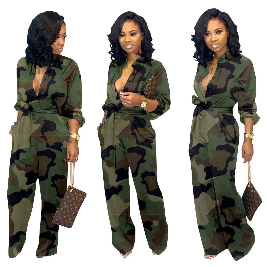 Women's Geometric Camo Print Wide Leg Pants Jumpsuit Camouflage Jumpsuit Romper - Clothing Personality