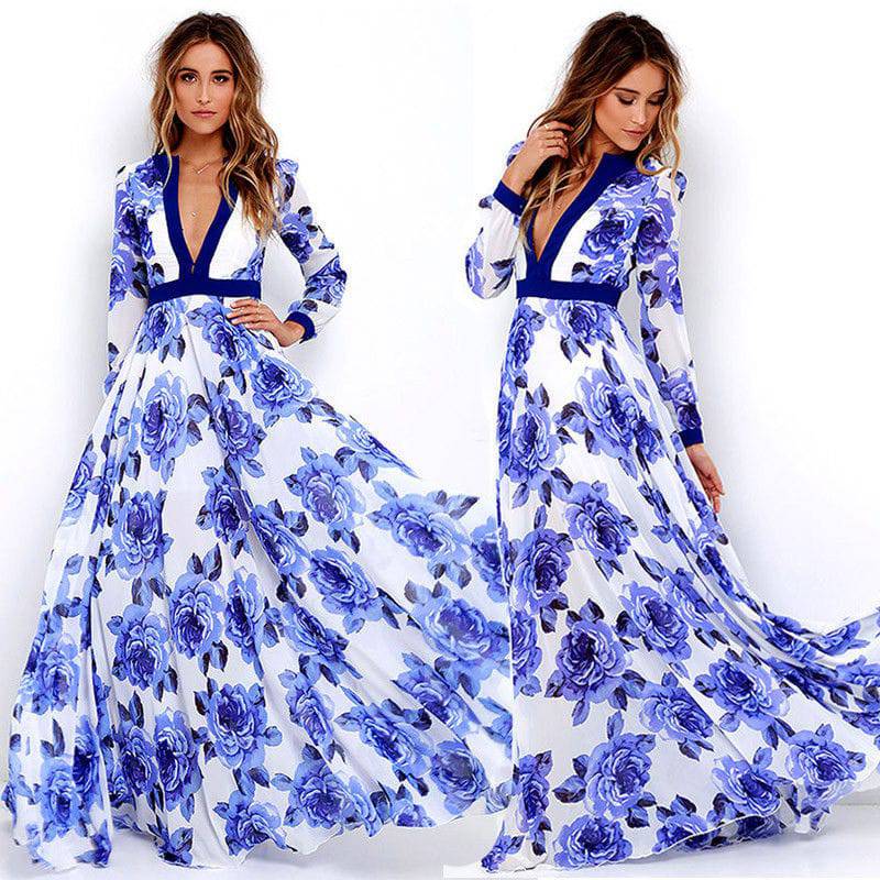 Women's Long Sleeve Maxi A-line Flower Dress - Clothing Personality
