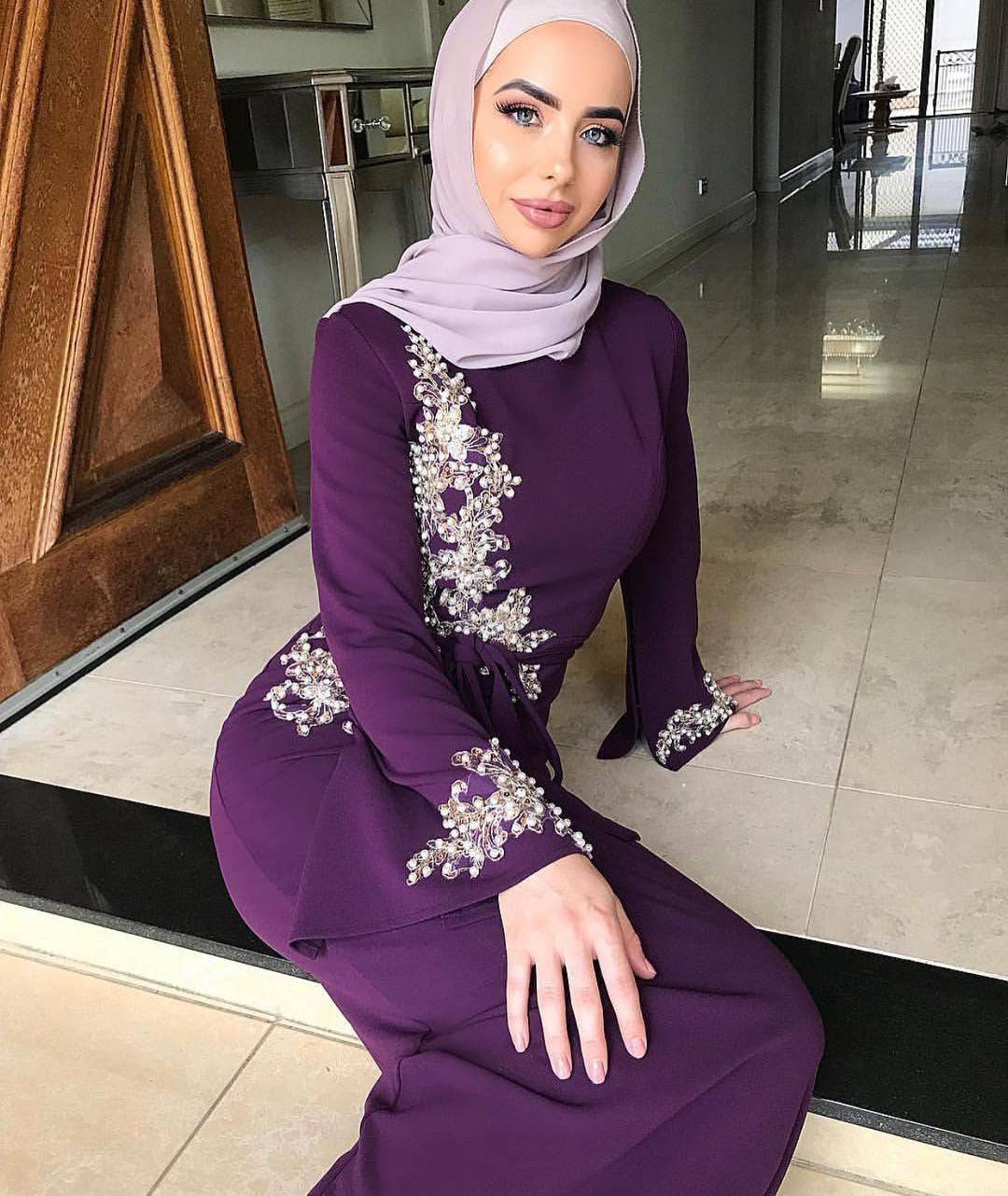 Women's Beautiful Floral Embroidered Long Sleeve Dress Muslim Embroidered Dress Purple