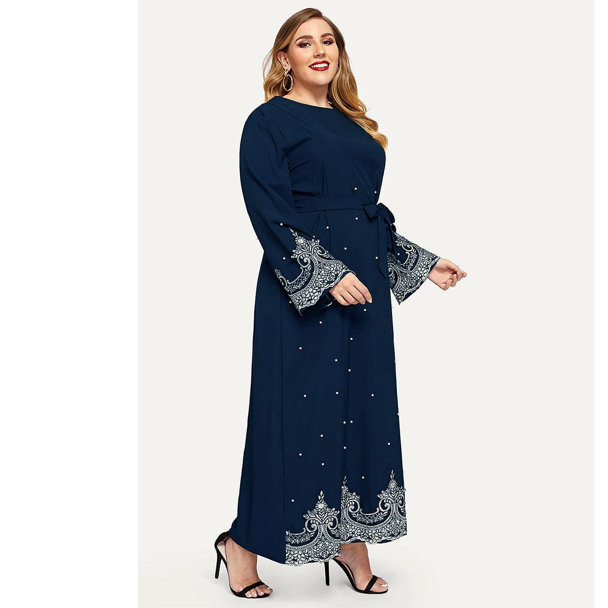Embroidered Bead Long Sleeve Plus Size Women's Dress - Clothing Personality