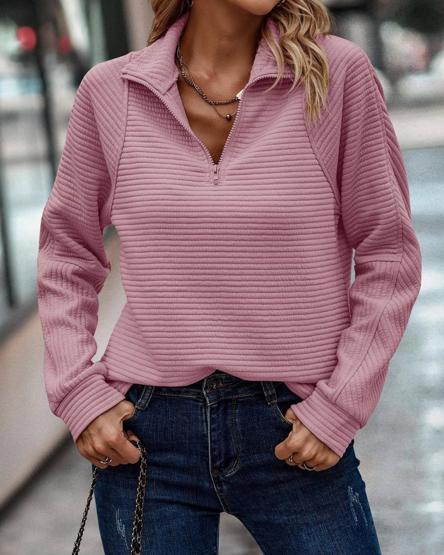 Zipper Stand Collar Pullover Sweatshirt Fashion Solid Striped Long Sleeve Top Spring And Autumn Women's Clothing - Clothing Personality