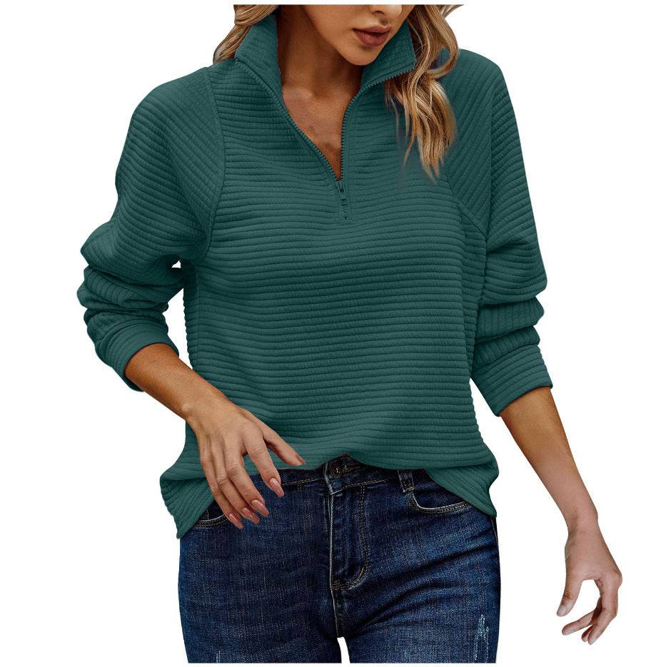 Zipper Stand Collar Pullover Sweatshirt Fashion Solid Striped Long Sleeve Top Spring And Autumn Women's Clothing - Clothing Personality