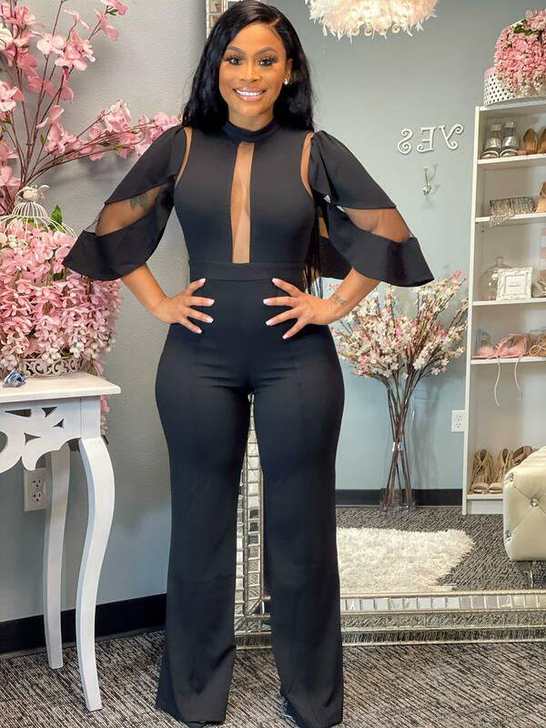 Women's Peekaboo Short Sleeve Classic Solid Color Slant Collar Buttoned One-piece Jumpsuit Wide-leg Pants Black