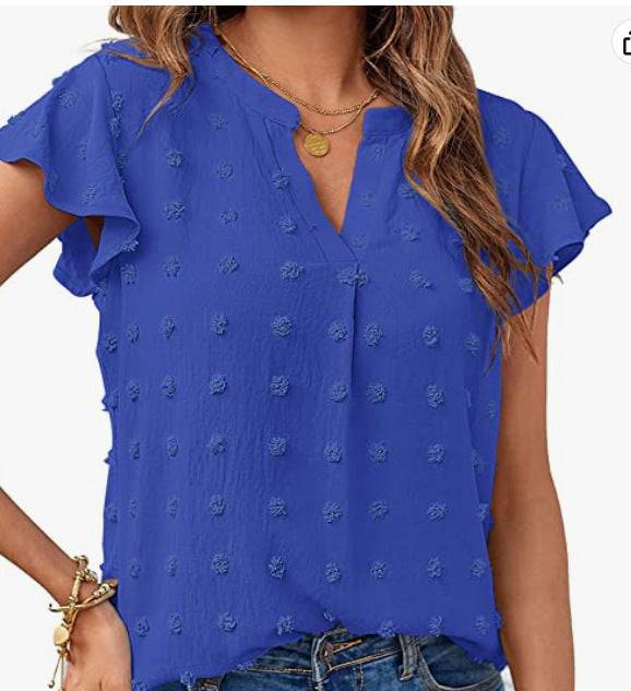 Women's Spring Summer V-Neck Ruffle Short Sleeve Blouse Dot Flowy Shirt Top - Clothing Personality