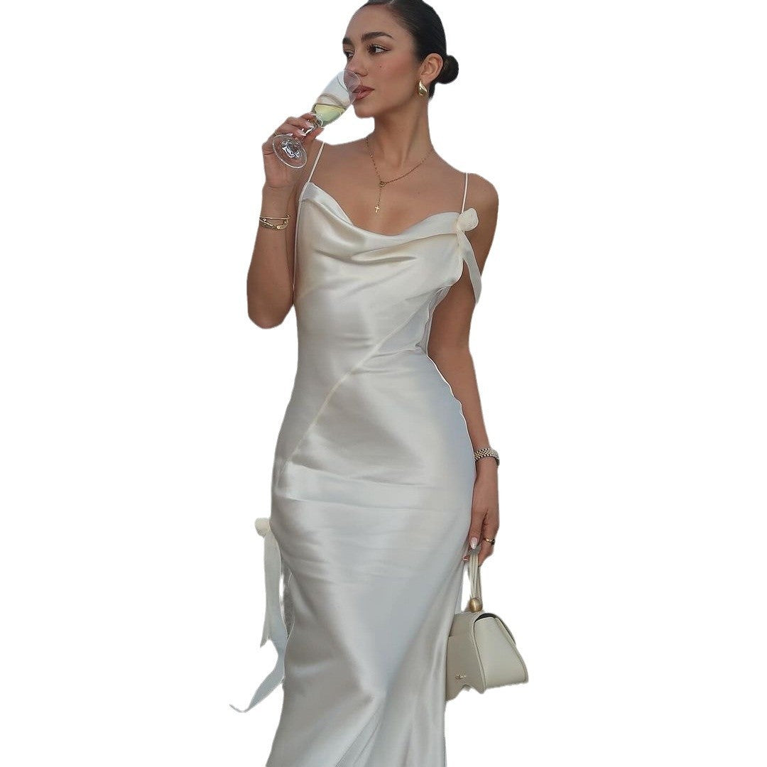 Backless Dress White Strappy Flower Decoration - Clothing Personality