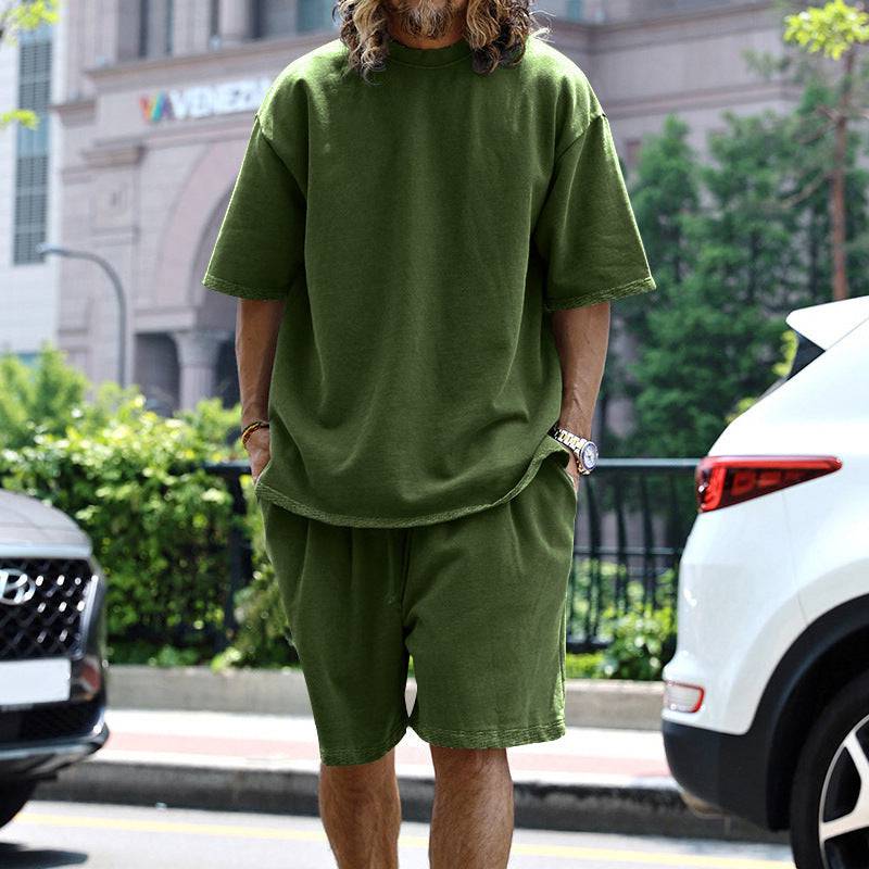 2pcs Loose Sports Shorts Set Suits Summer Round Neck Short Sleeve T-shirt And Drawstring Pockets Shorts Casual Solid Color Set Mens Clothing - Clothing Personality